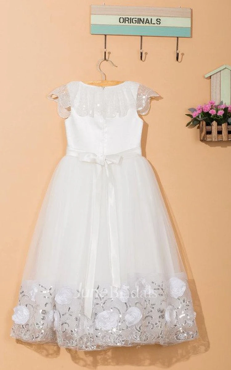 Cape Neck Pleated Tulle&Lace Dress With Flower Sash Ribbon