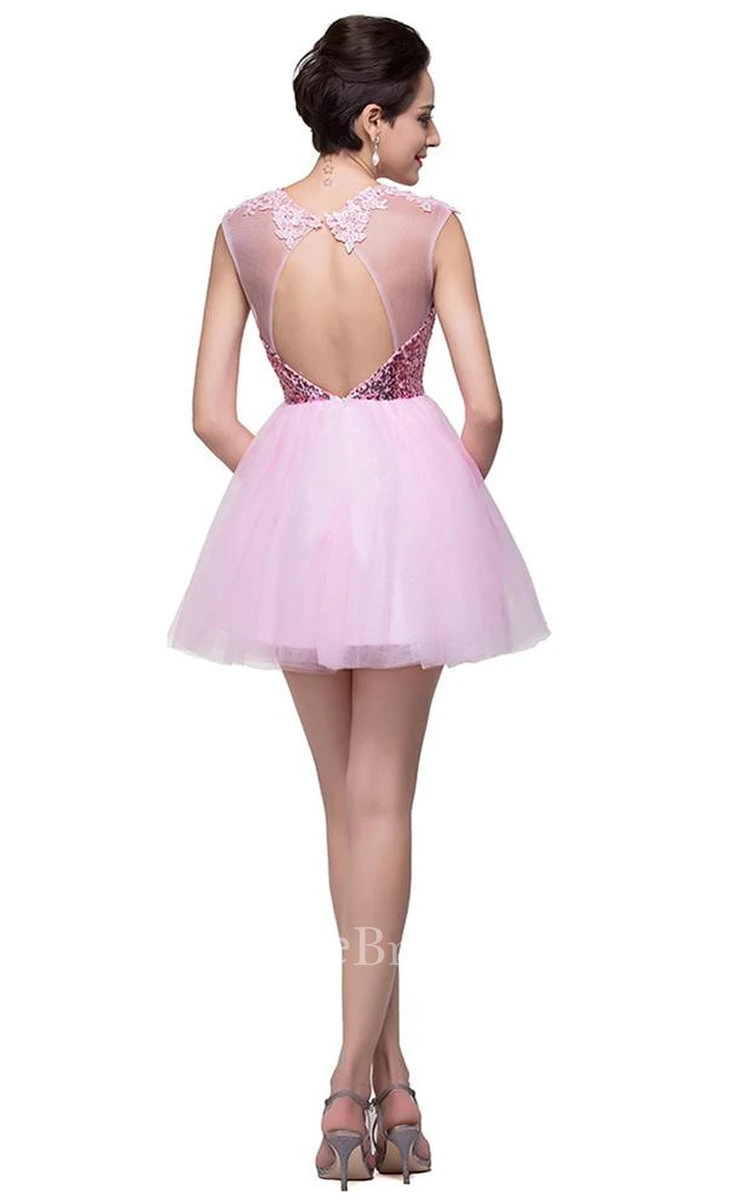 Cute Pink Sequins Sleeveless Homecoming Dress Tulle Short