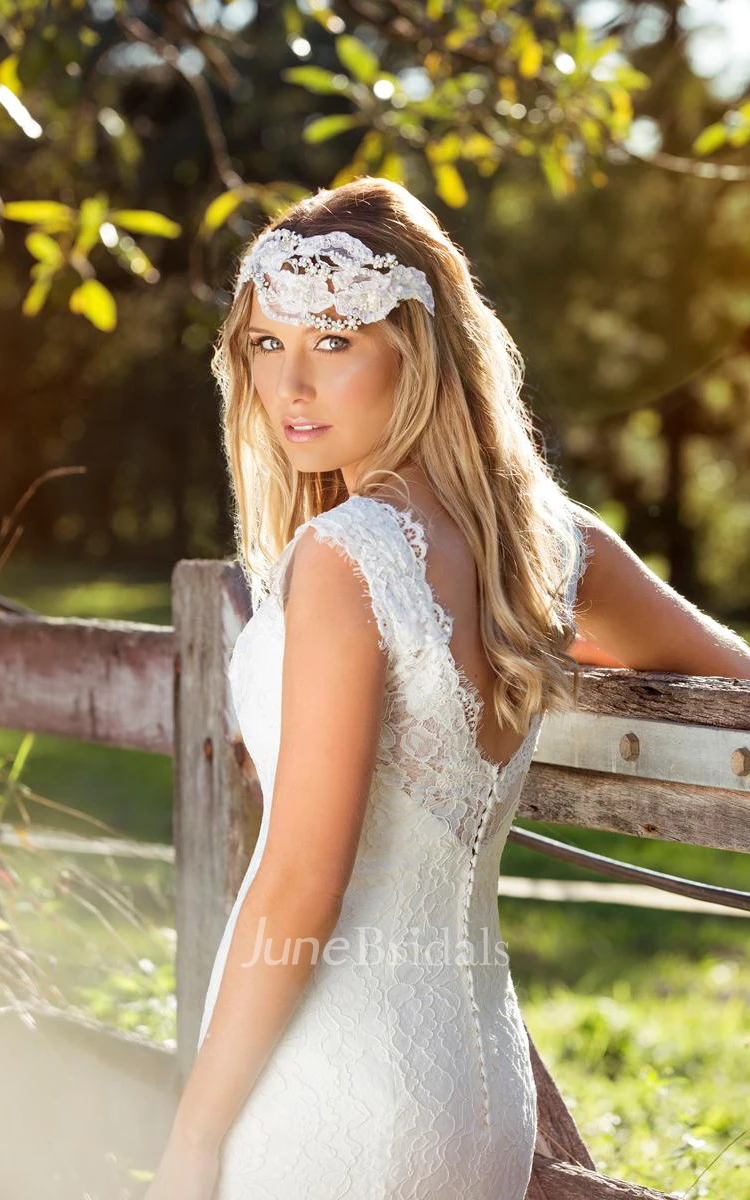 Trumpet Floor-Length Sleeveless V-Neck Lace Wedding Dress With V Back