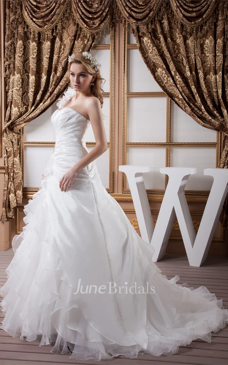 Sleeveless Side-Ruched Ball Gown with Beading and Ruffles