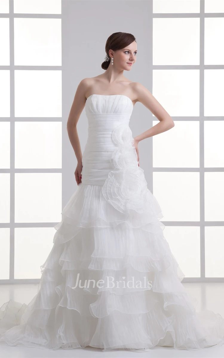 strapless a-line ball tiered gown with floral embellishment