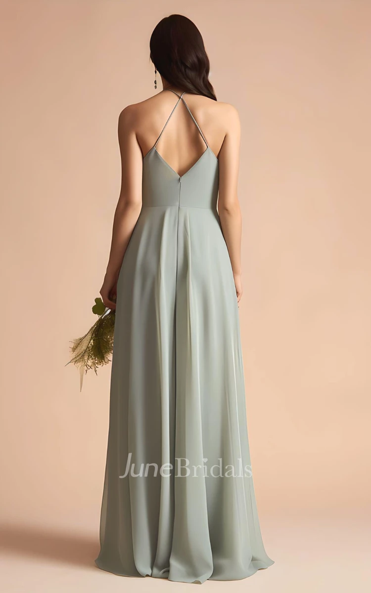 2023 A-Line Sleeveless Chiffon Bridesmaid Dress Halter with Split Front Spaghetti Simple Sexy Bohemian Elegant Floor-length