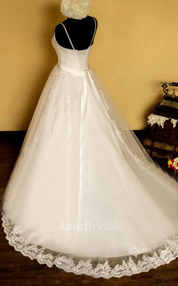 Spaghetti Crisscross Organza Wedding Dress With Sash And Lace-Up Back