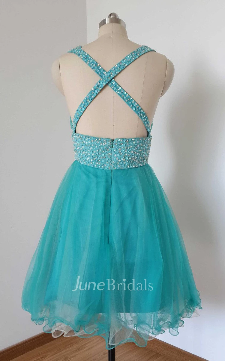 Mini V-neck Tulle Dress With Beading And Strap Back