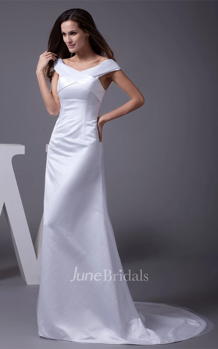 Caped-Sleeve Satin Floor-Length Dress with Brush Train