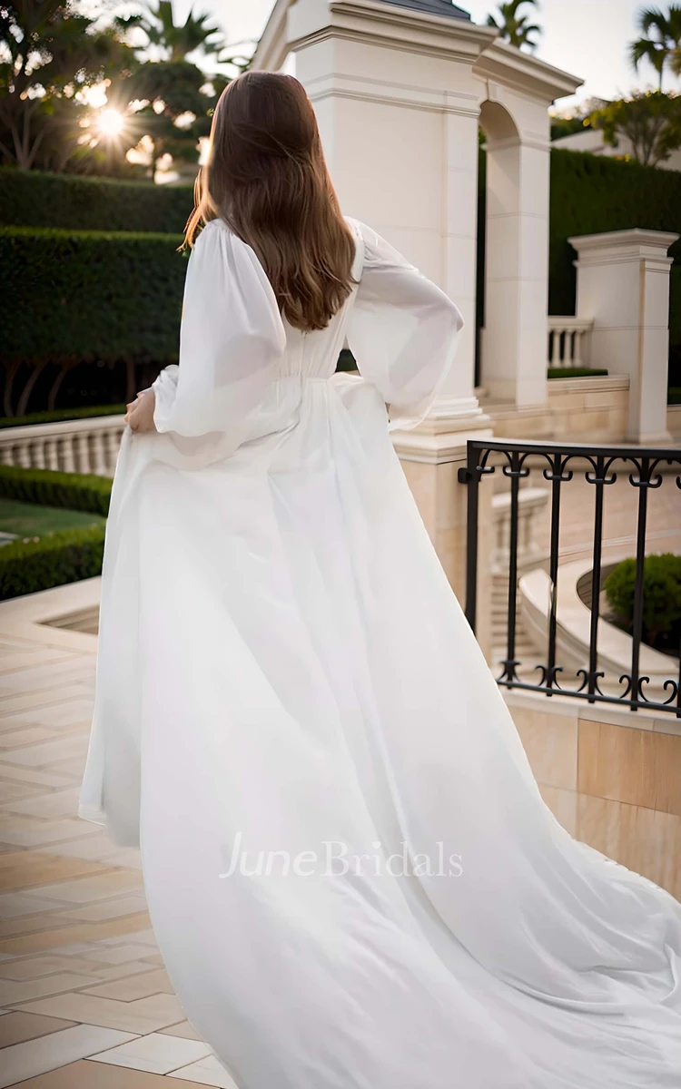 Solid Vintage A-Line Floor-length Pleats Chiffon Wedding Dress Elegant Sexy Balloon Long Sleeve Plunging V-Neck Bridal Gown with V Back Train Sash