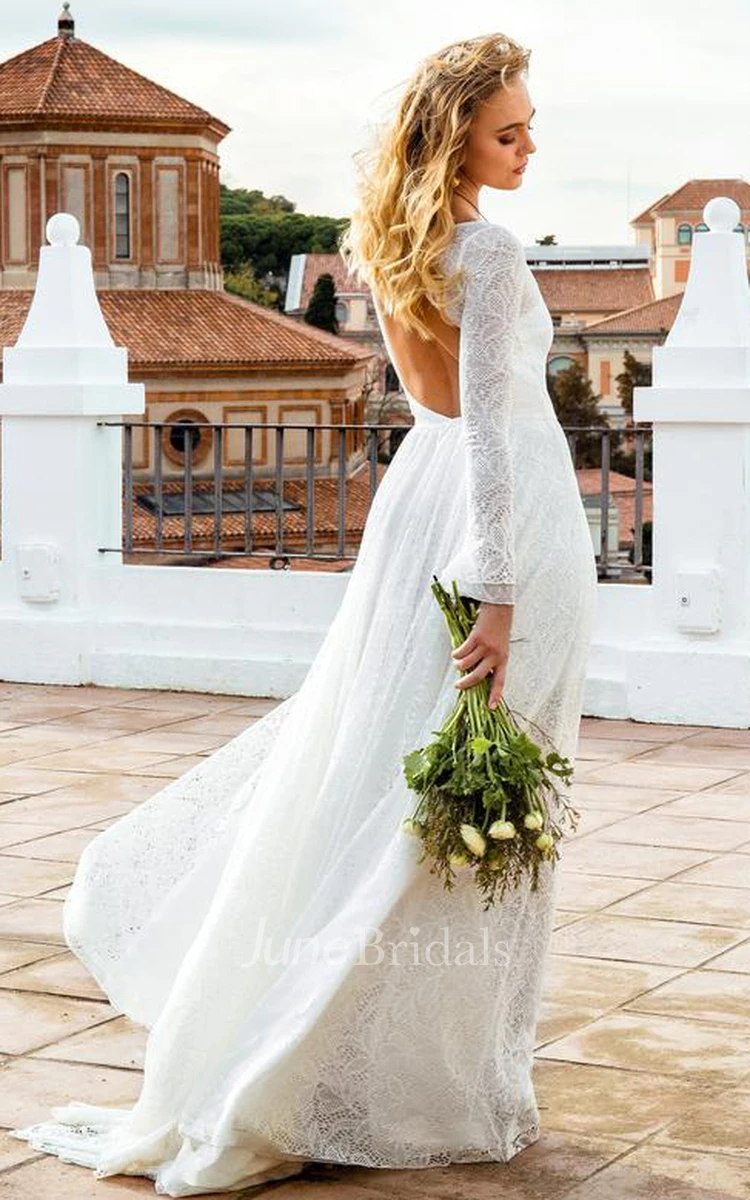 Bohemian Lace Scoop A Line Long Sleeve Wedding Dress with Keyhole Back