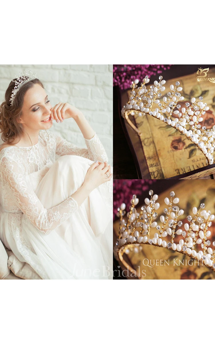Kora High Necked Wedding Open Back Dress and Aesthetic Handmade Pearl Rhinestones Crown Crown Headdress