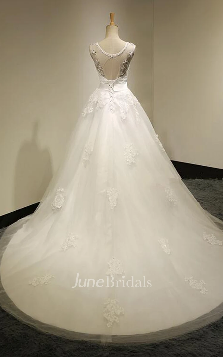 Scoop Neck A-line Tulle Wedding Dress With Beading And Appliques