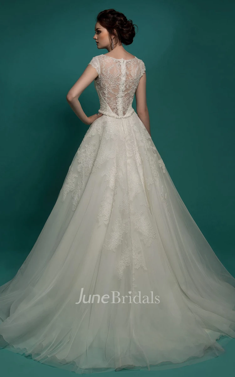 A-Line Floor-Length Jewel-Neck Cap-Sleeve Illusion Organza Dress With Appliques And Beading