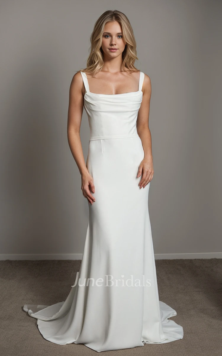 Simple Solid Sheath Square Neck Floor-length Satin Wedding Dress Vintage Elegant Beach Straps Sleeveless Ruching Backless Bridal Gown with Button Sash