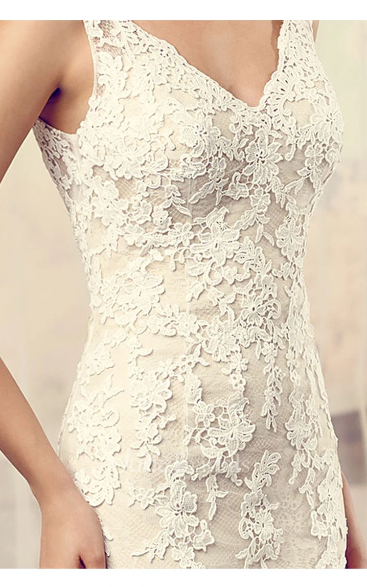 V-Neck Floor-Length Appliqued Lace Wedding Dress With Court Train And V Back