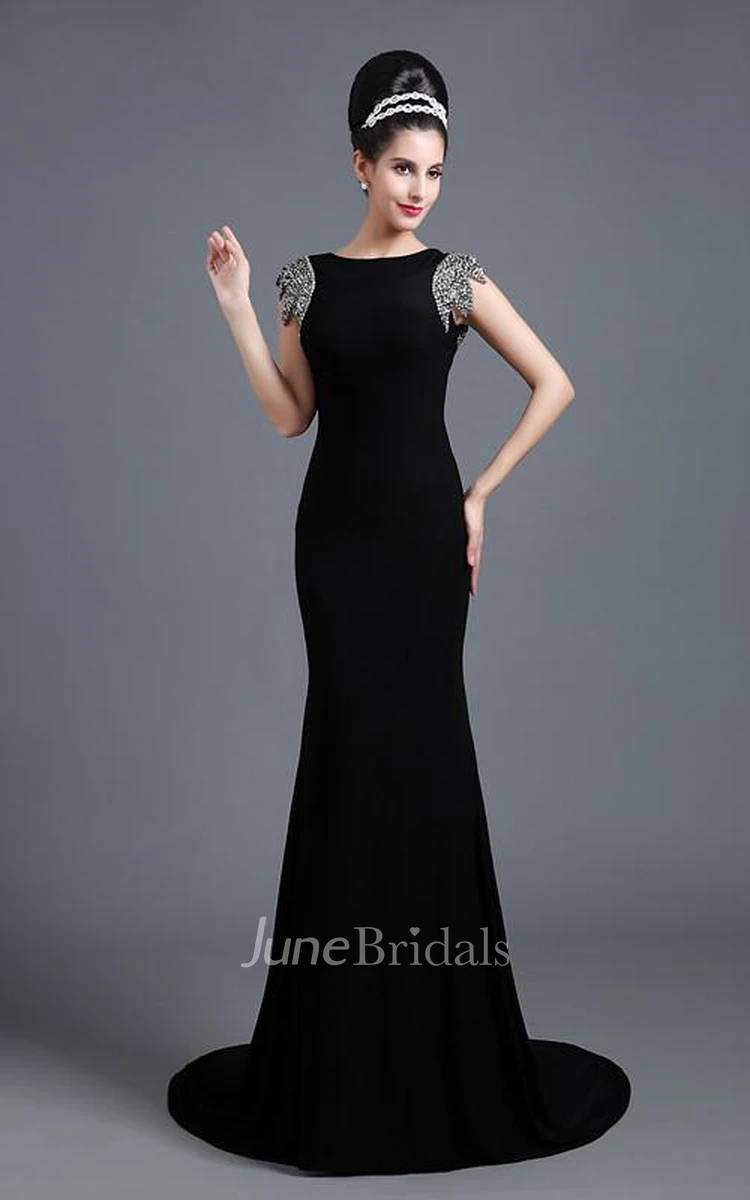 Elegant Jewel Cap Sleeve Black Prom Dress With Sequins Beadings
