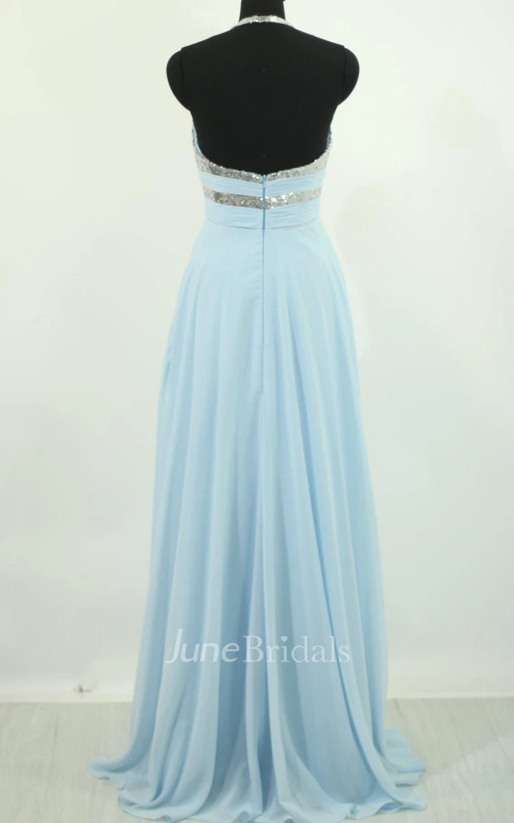 Halter Chiffon Dress With Sequins And Open Back