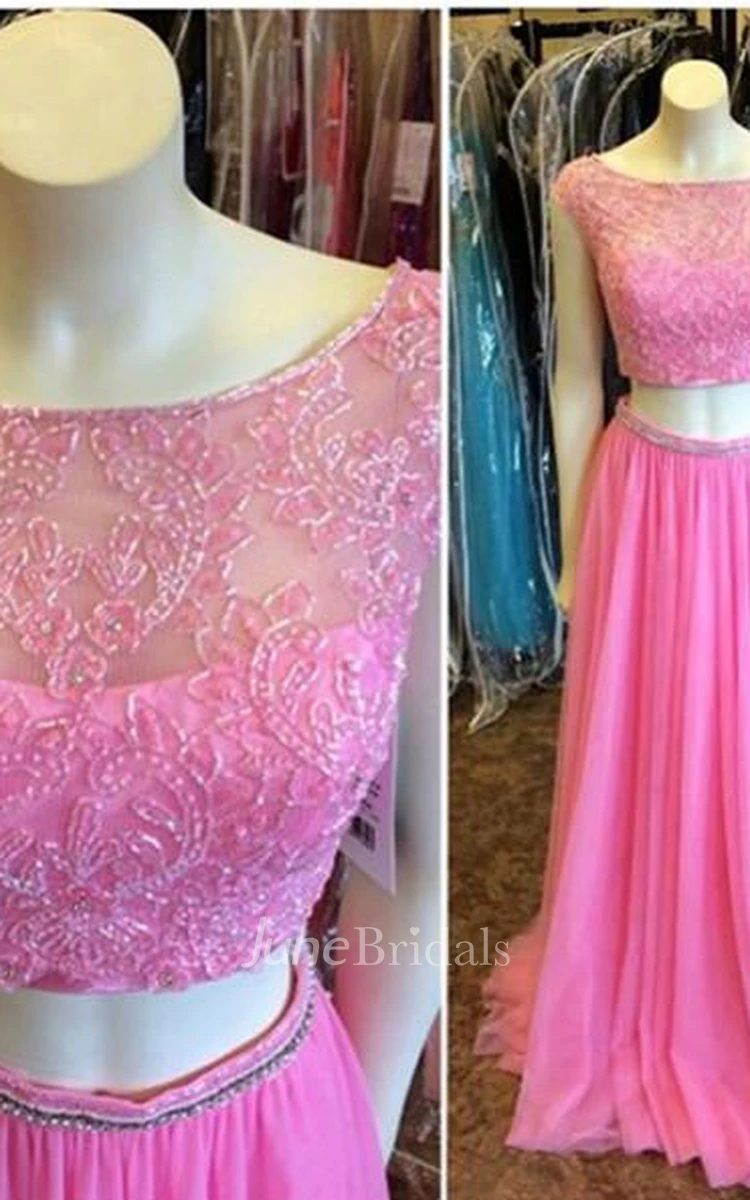 Newest Pink Two Piece Prom Dress Lace Beadings Cap Sleeve