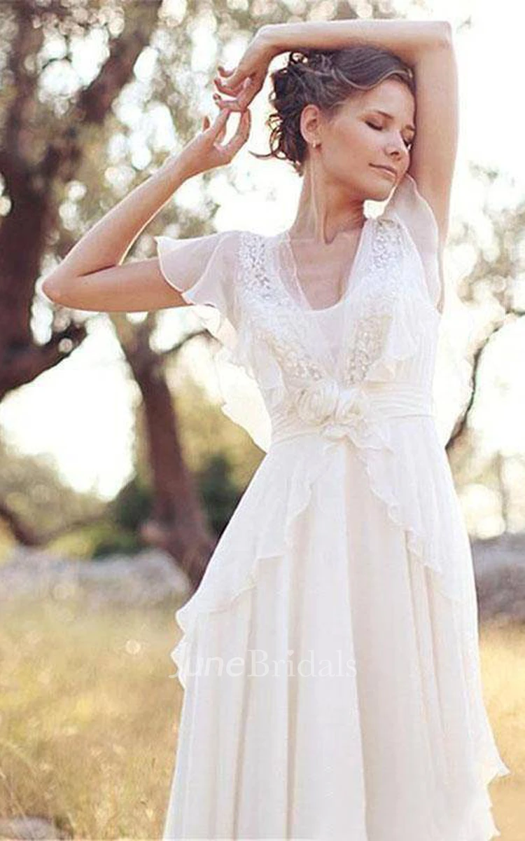 Bohemian Pearls Deep V Neck Backless Flower Beading Sheer Sleeve Pleats Chiffon Wedding Dress