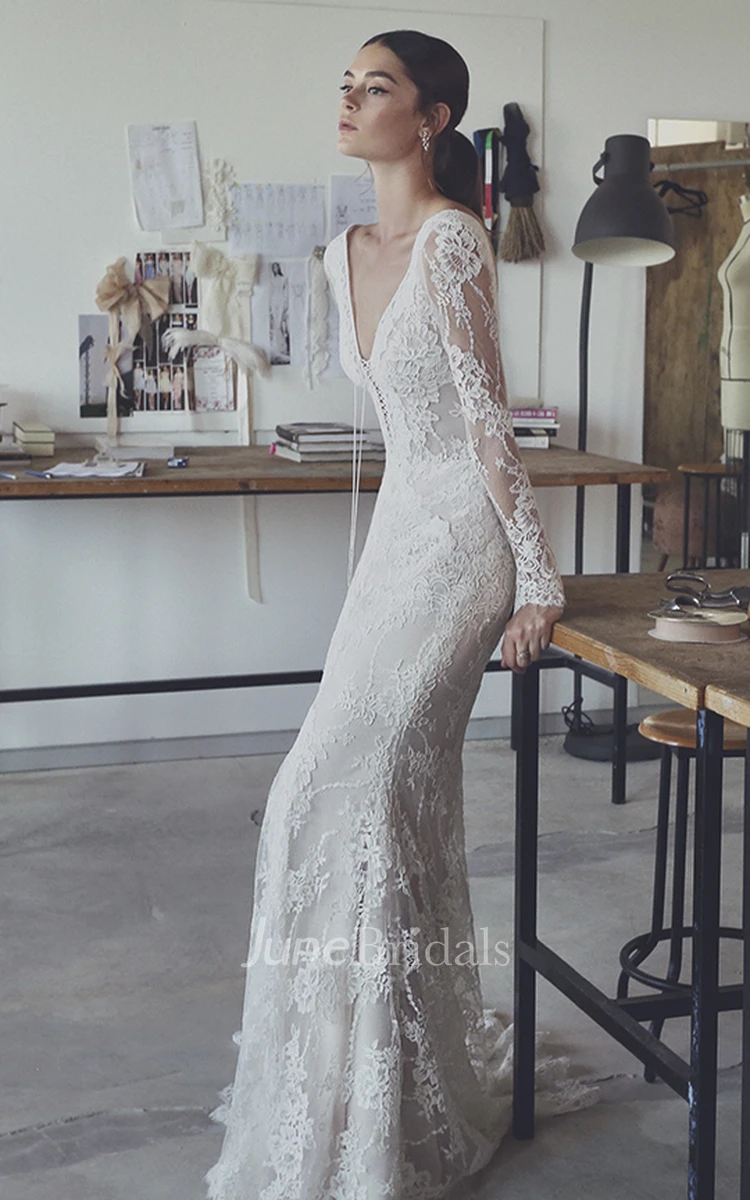 Sexy Mermaid Boho Illusion Long Sleeve Lace Bridal Gown With Plunging