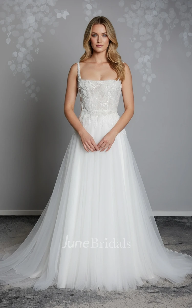 Modern Floral A-Line Square Neckline Boho Lace Spring Wedding Dress Sparkly Elegant 3D Appliques Beading Pearl Sequin Tulle Bridal Gown