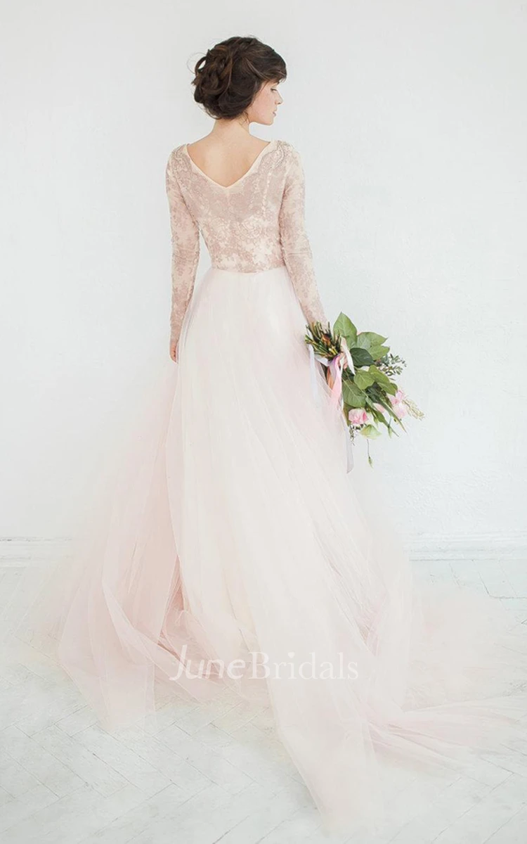V-Neck Illusion Long Sleeve Tulle A-Line Dress With Beading
