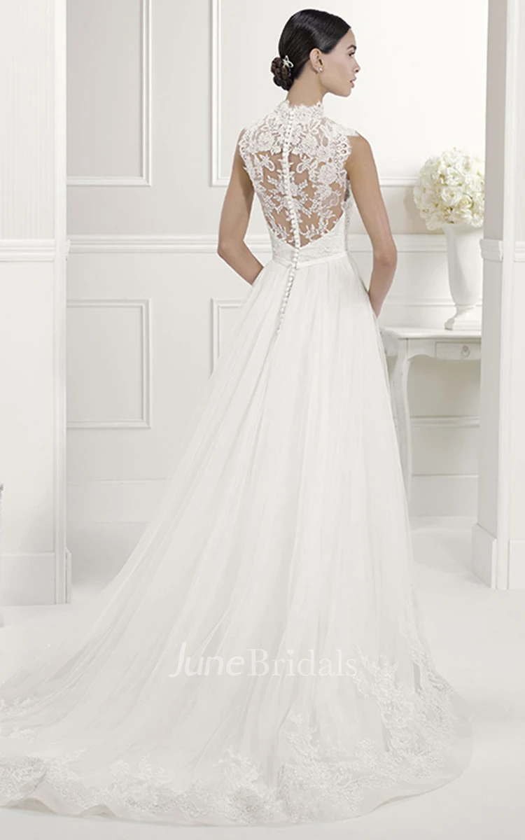 Lace High Neck A-Line Pleated Tulle Bridal Gown With Bow