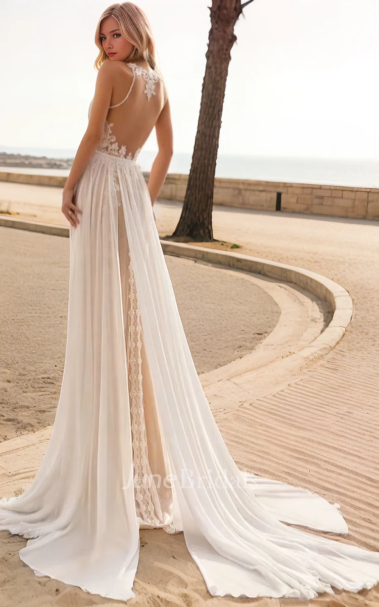 Bohemian Lace Beach Vintage Jewel Neck Sleeveless A-Line Ethereal Wedding Dress