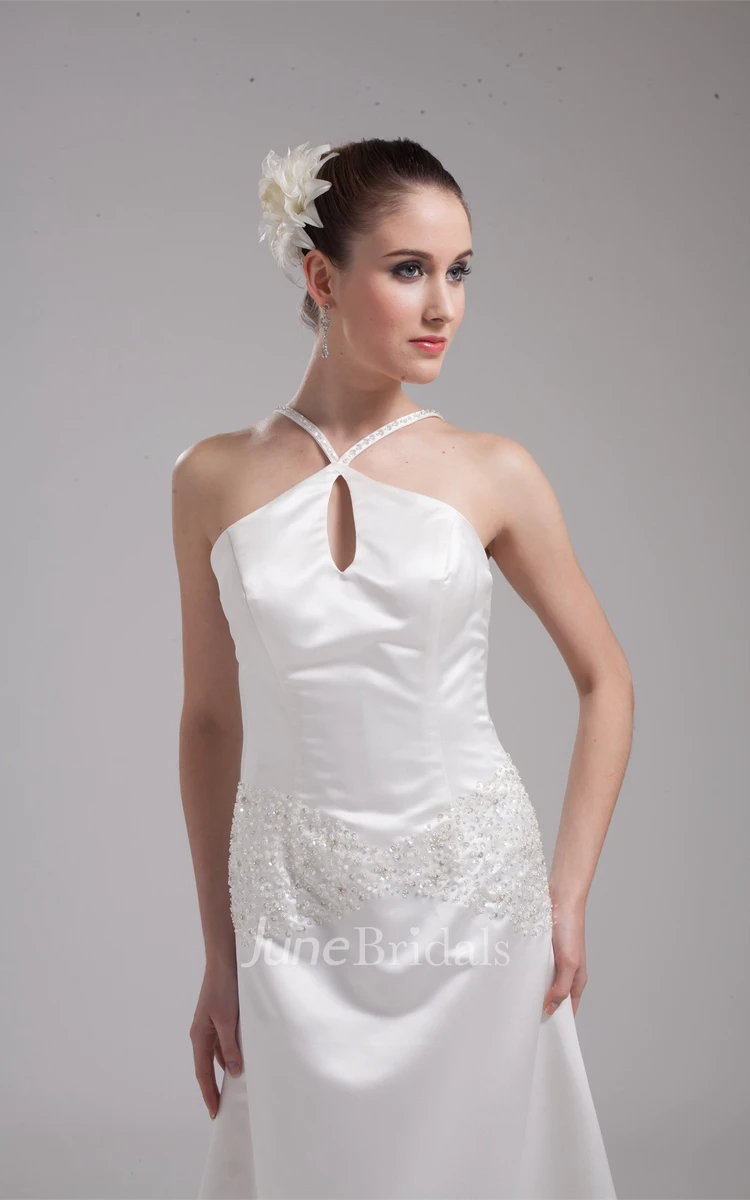 Sleeveless Satin Sheath Dress with Appliques and Brush Train