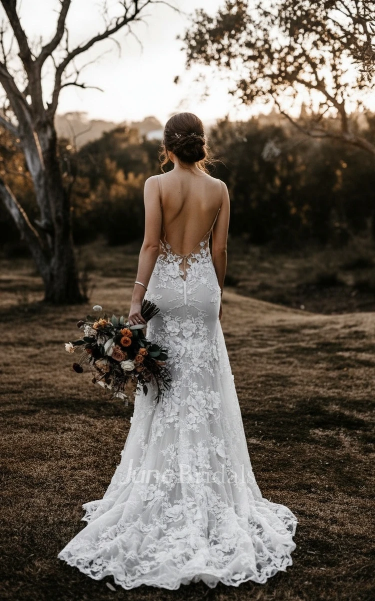 Boho Floral Lace Mermaid Wedding Dress Backless V-Neck Country Bridal Gown