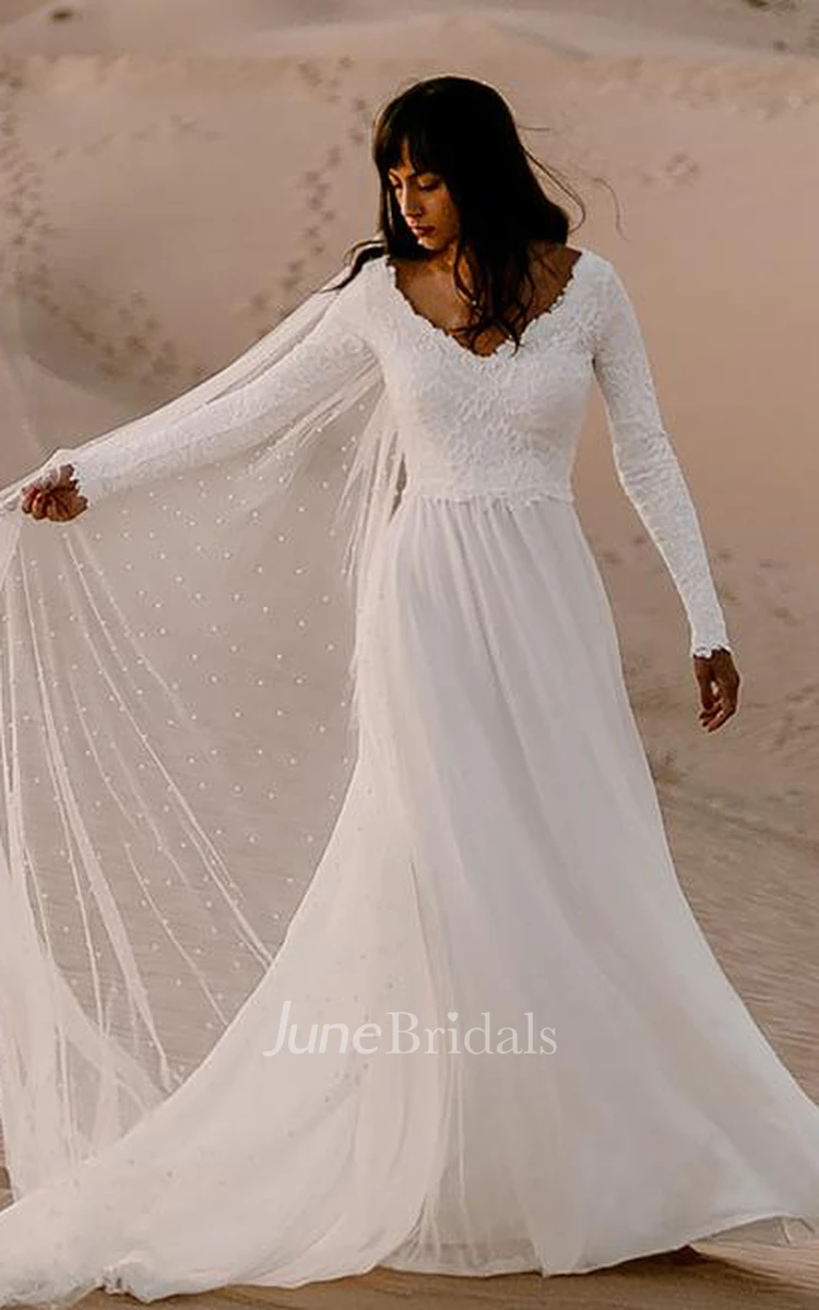 Bohemian Chiffon Lace V-neck A Line Long Sleeve Wedding Dress with Deep-V Back 