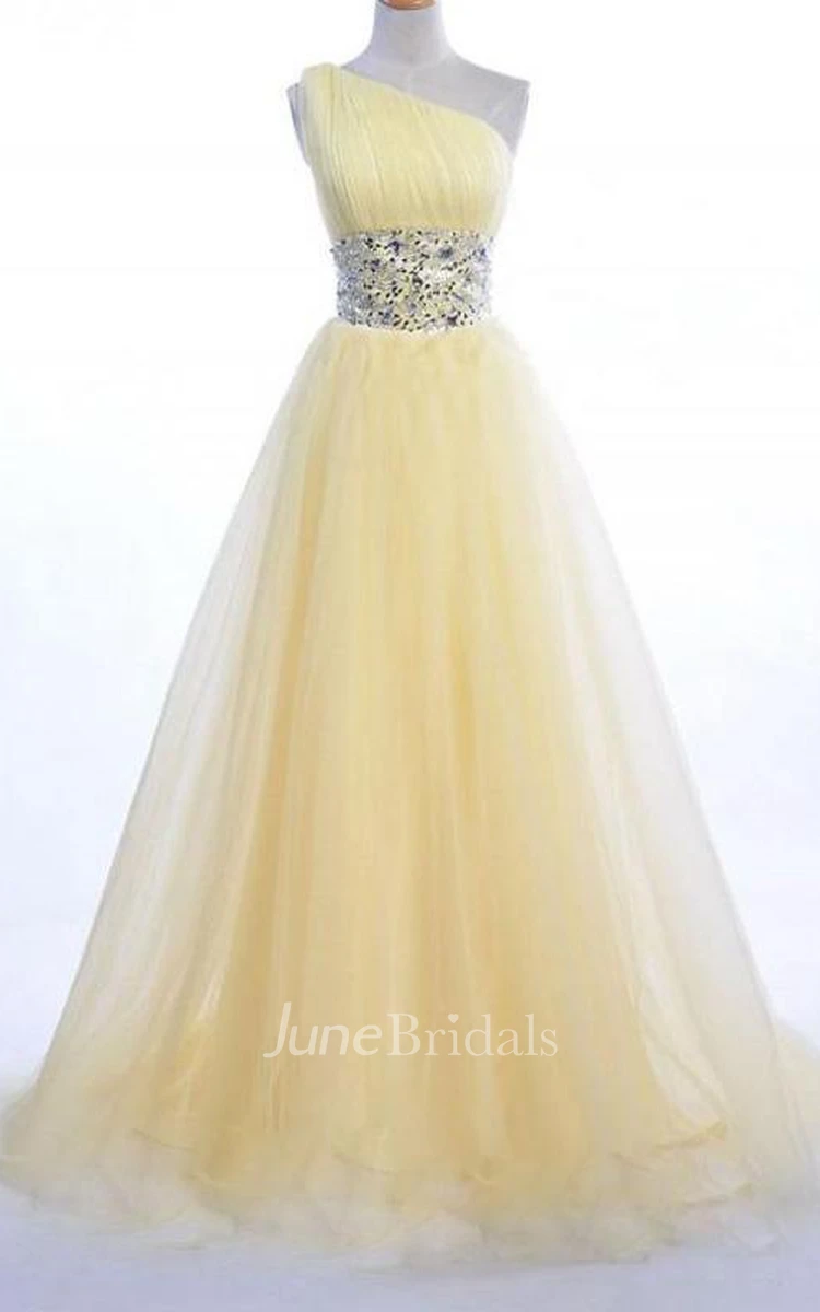 One-shoulder Long A-line Tulle Dress With Beaded Waist