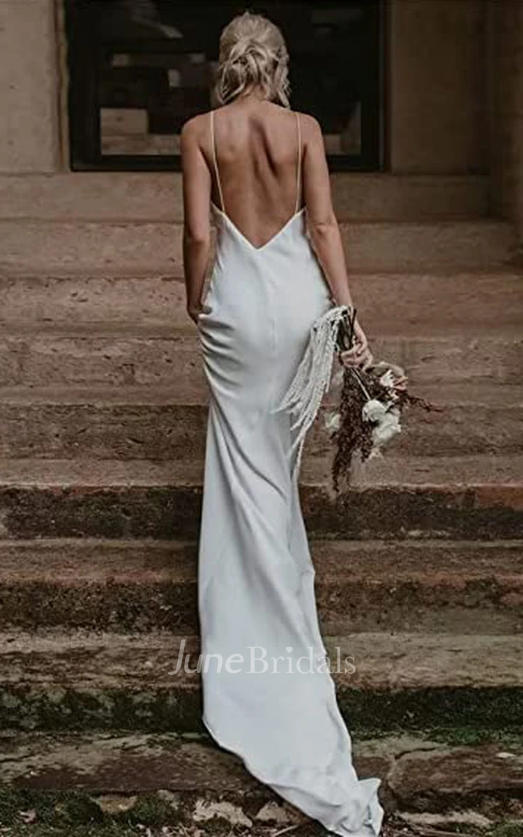Sheath Spaghetti Satin Wedding Dress Simple Sexy Elegant Romantic