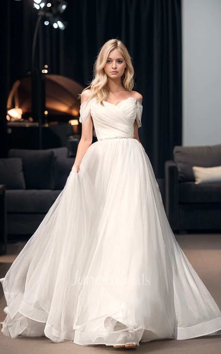 Modern Simple A-Line Off-the-Shoulder Sweetheart Wedding Dress Fairy Modest Ruched Tulle Bridal Gown with Sweep Train