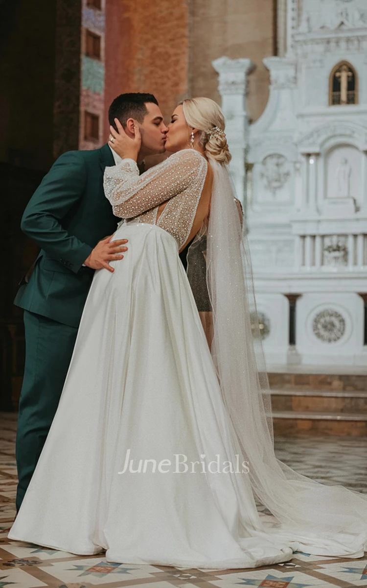 Sexy Elegant Plus Size Women's Long Sleeve A-Line Boho Lace Ivory Wedding Dress Modern Floor Length Satin Bridal Gown