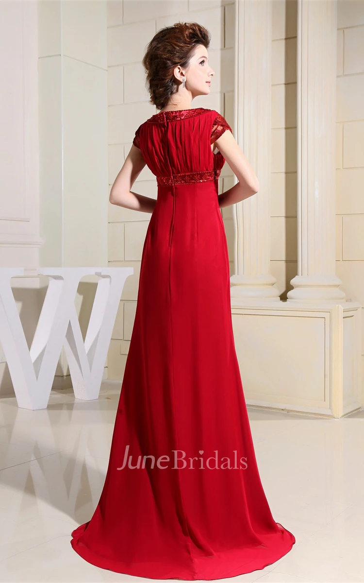 Caped-Sleeve Appliqued Chiffon Sheath Dress with Rhinestone