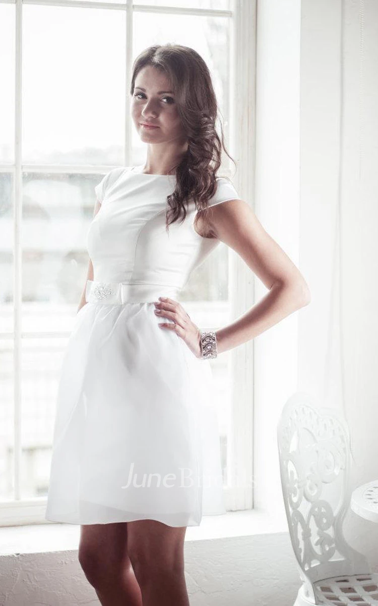 Jewel Cap Sleeve Short Satin Wedding Dress With Sash And Sequins