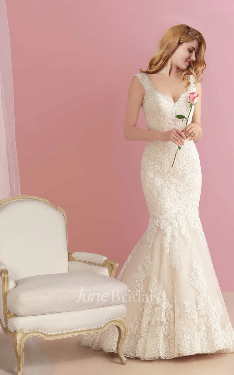 Plunging Neck Lace Mermaid Wedding Dress with Open Back