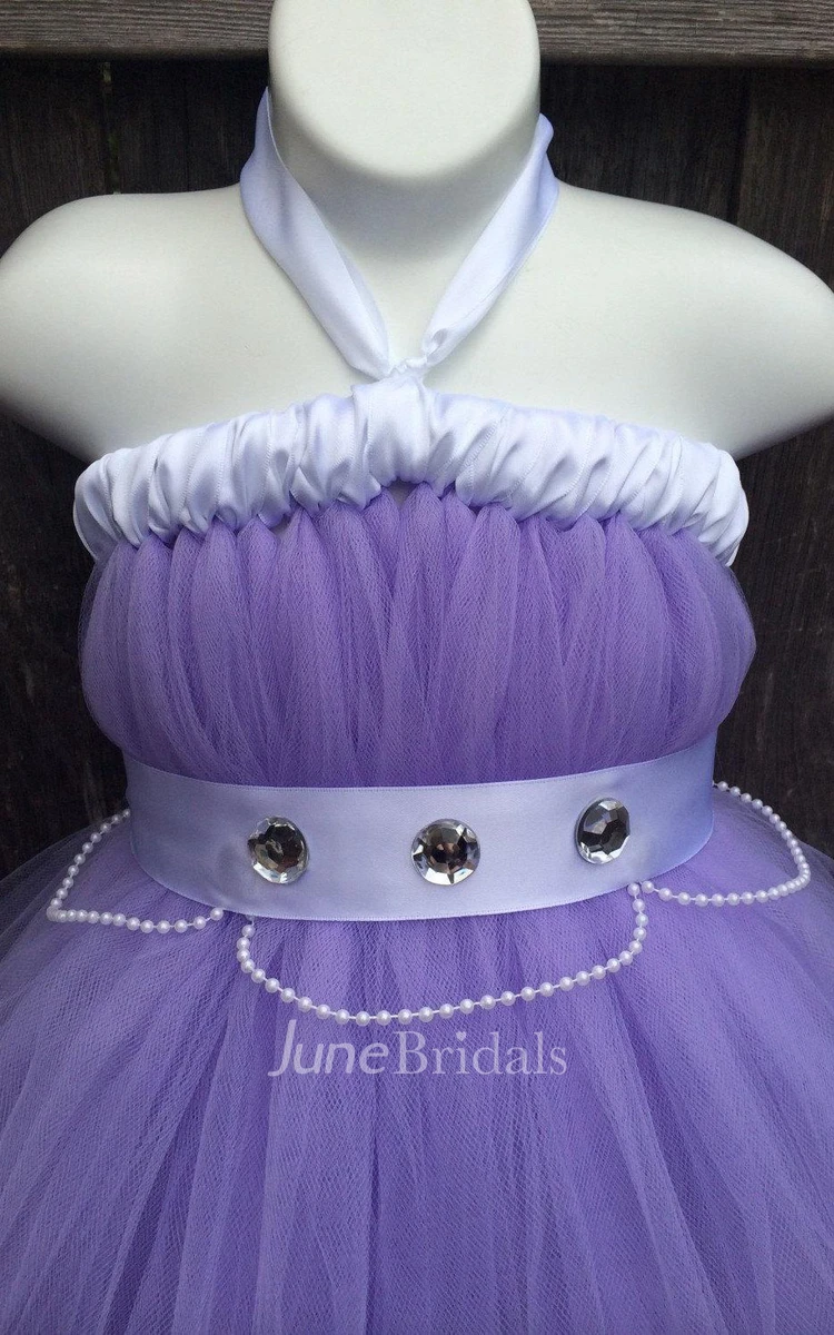 Halter Neck Tulle Dress With Beading Sash and Pleated