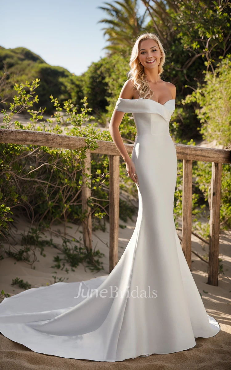 Minimalist Simple Mermaid Off the Shoulder Spring Fit and Flare Wedding Dress Modern Elegant Wrap-Around Long Train Beach Garden Bridal Gown