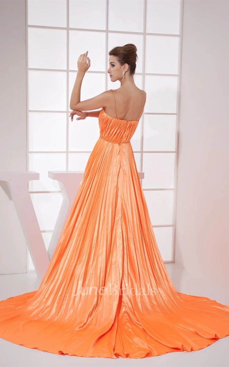 Plunged A-Line Pleated Gown with Spaghetti-Straps