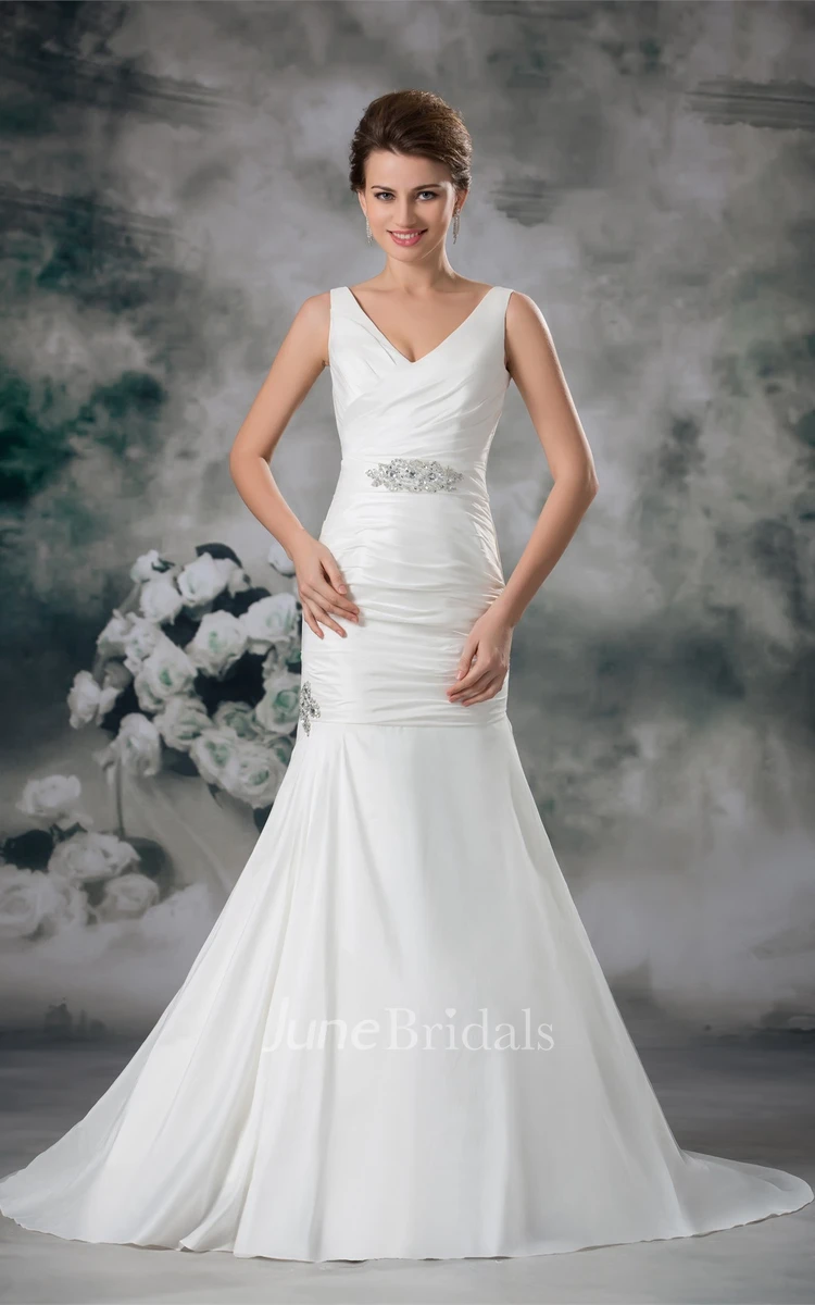 v-neck a-line trumpet sleeveless gown with brush train and beading