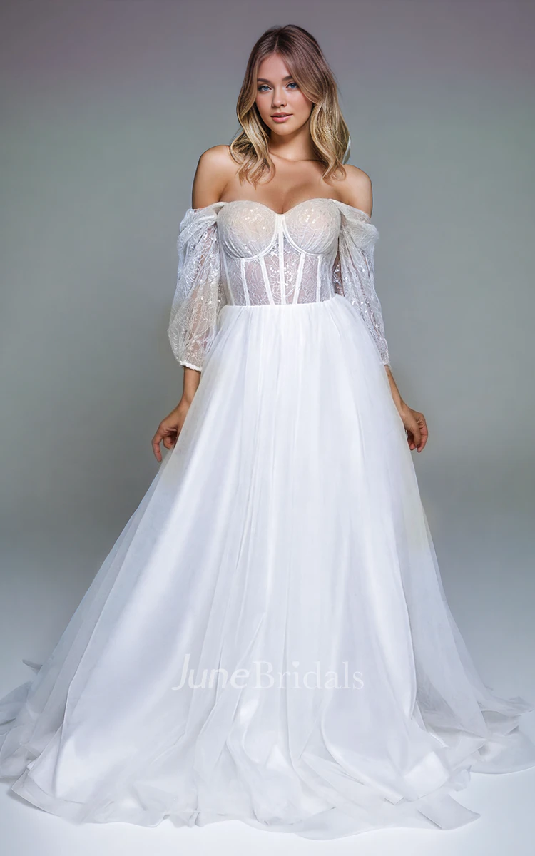 Sexy Unique A-Line Lace Tulle Off-the-shoulder Strapless Wedding Dress Elegant Solid Long Sleeve Floor-length Bridal Gown with Train Lace-up Back