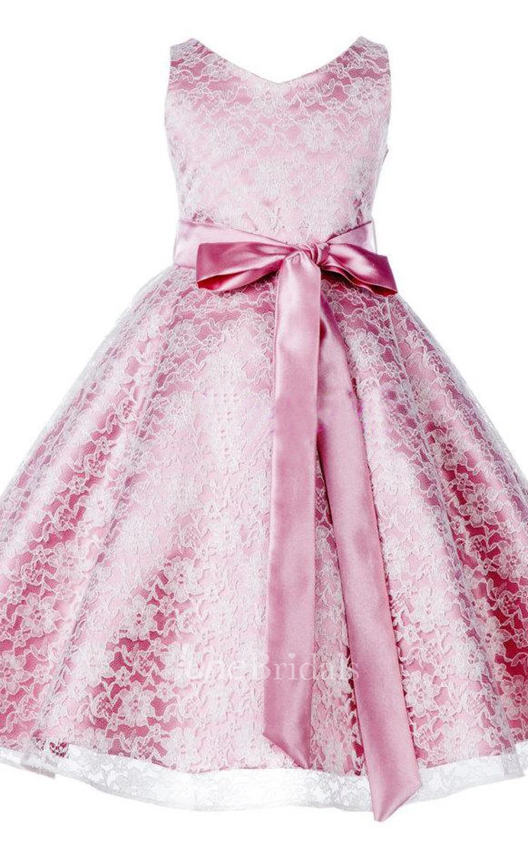 Sleeveless V-neck A-line Lace Flower Girl Dress With Bow Sash