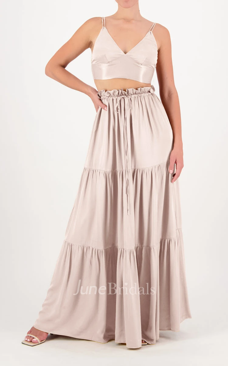 Elegant Two Piece Spaghetti Charmeuse Bridesmaid Dress with Split Front and Ruching