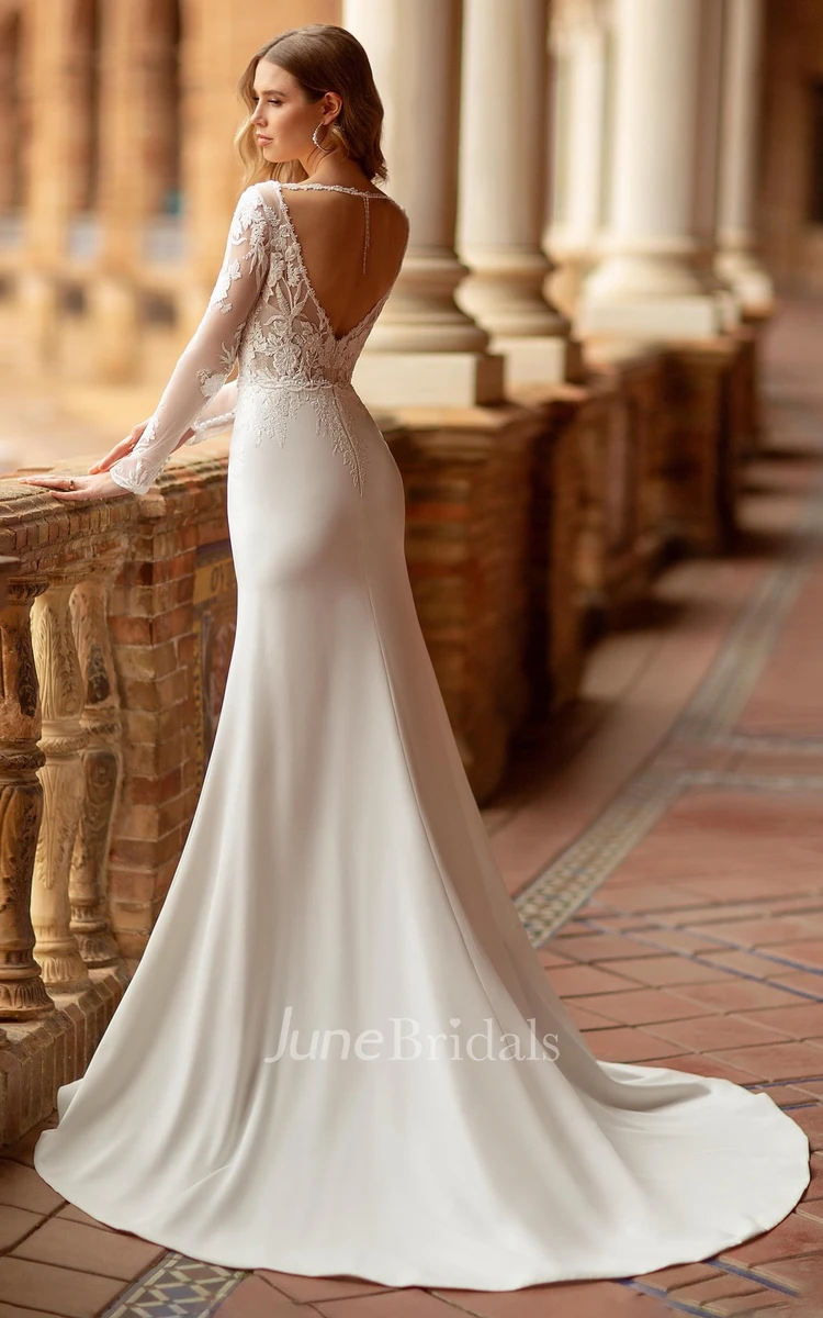 Elegant Mermaid Deep V-Neck Long Sleeve Court Trailing Lace Satin Wedding Gown with Embroidery