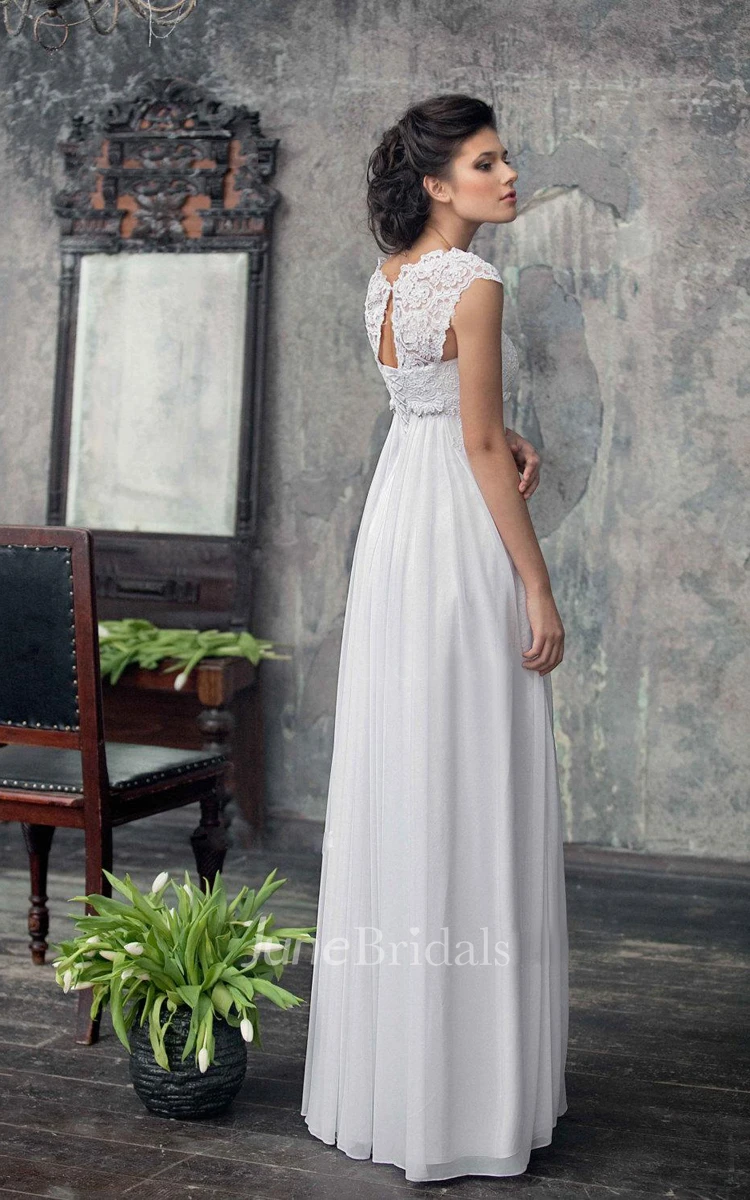 Vintage Modest Simple A-Line Boho Lace Sleeved Wedding Dress Casual Country Empire Chiffon Gown with Pleats And Appliques