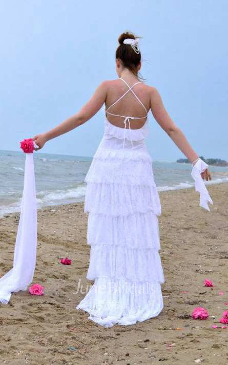 Beach Spaghetti Boho Style Lace Tiered Wedding Dress and Exquisite Copper-plated Leaves Vines Freshwater Pearl Hair Band