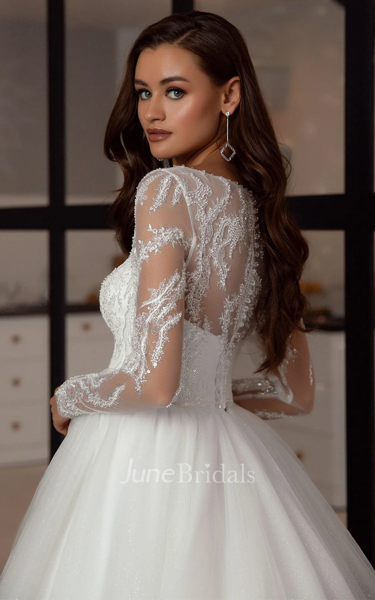 High-end Long Sleeve A Line Bateau Tulle Wedding Dress with Beading