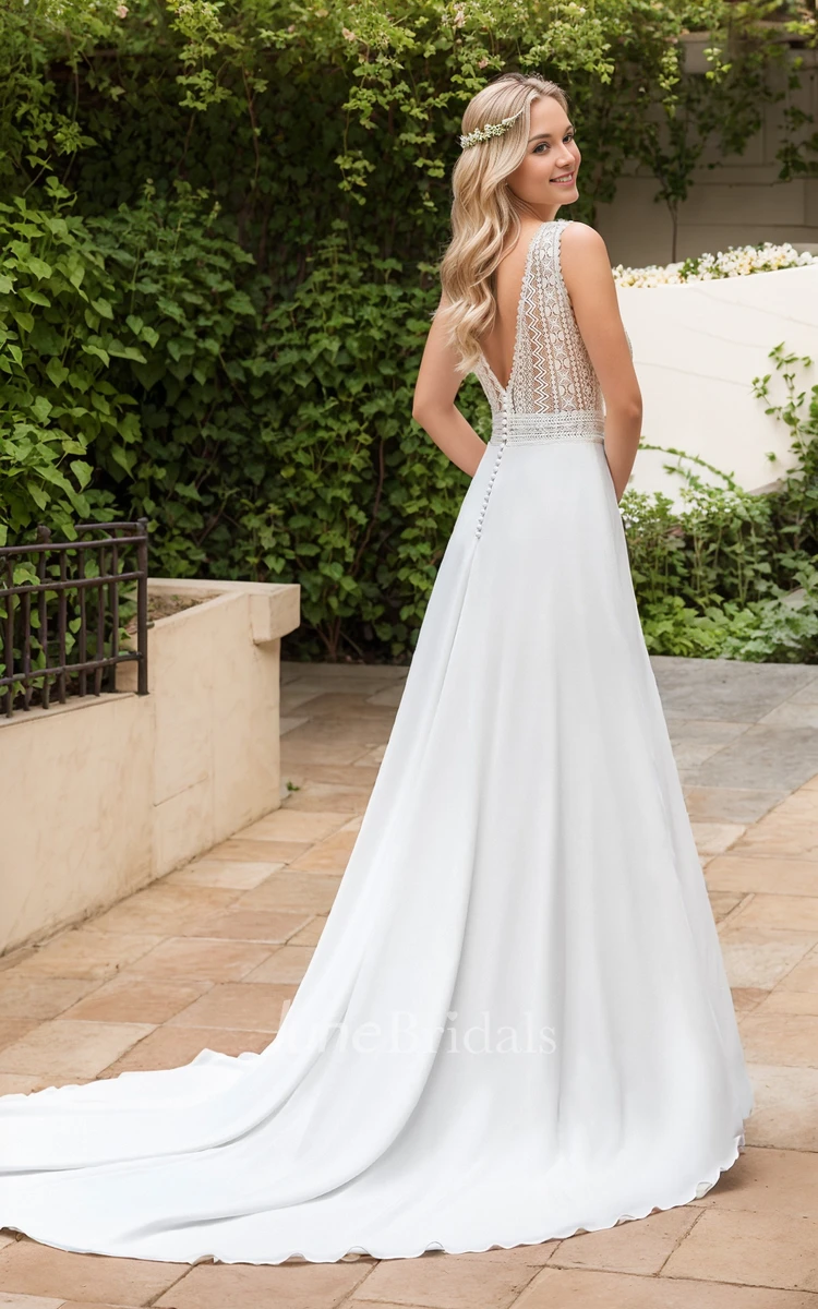 Beach Garden A-Line Boho Lace Split Front Wedding Dress Summer Floral Plunging Neckline Sleeveless Bridal Gown