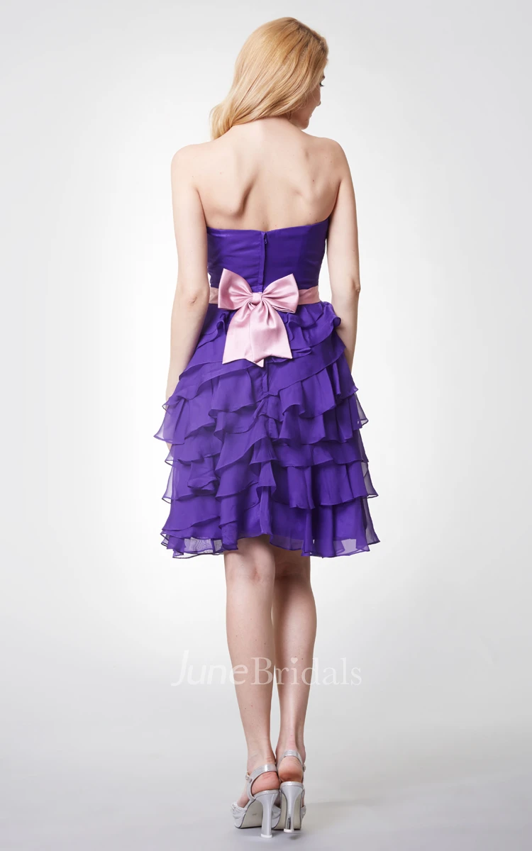 Strapless Ruched Ruffled Short Chiffon Dress With Satin Bow Belt