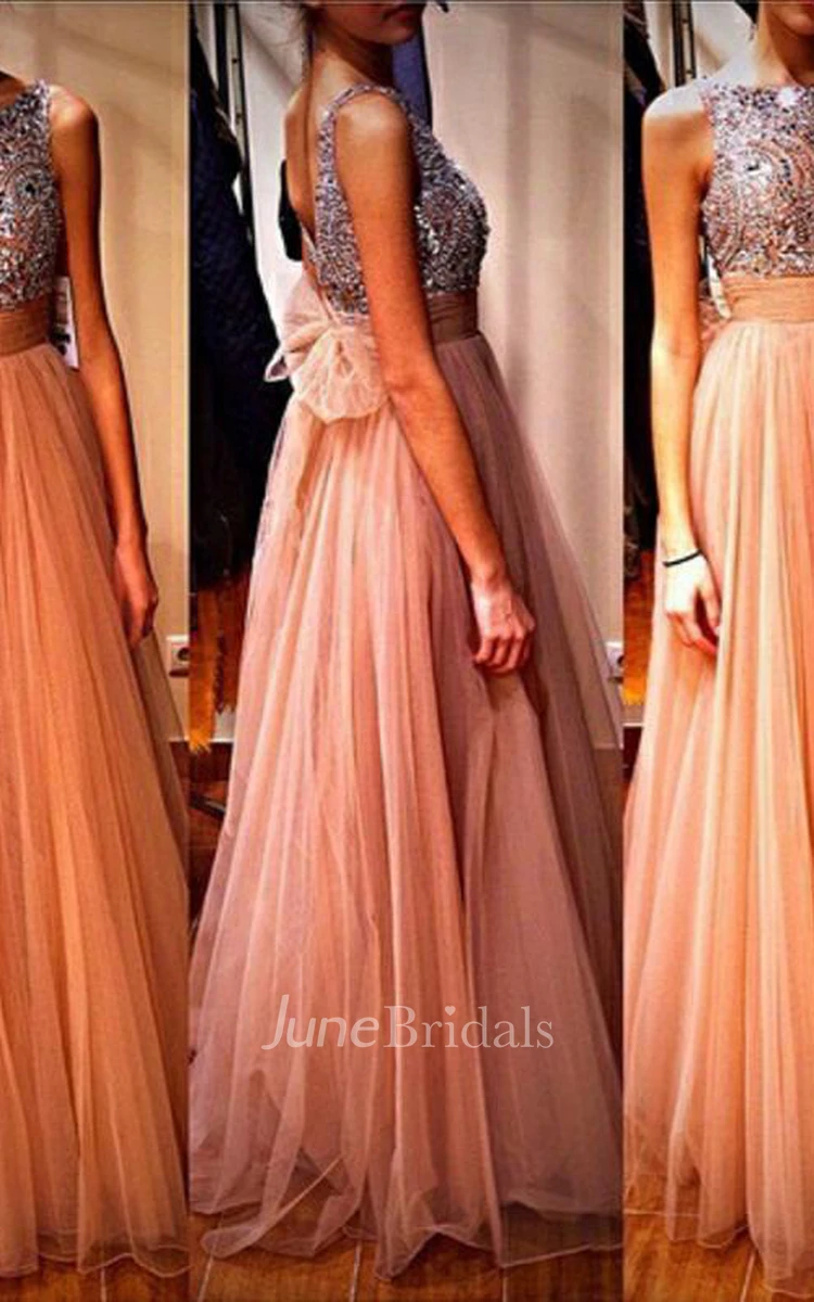 Glamorous Tulle Beadings Crystals Prom Dress Long Bowknot Back