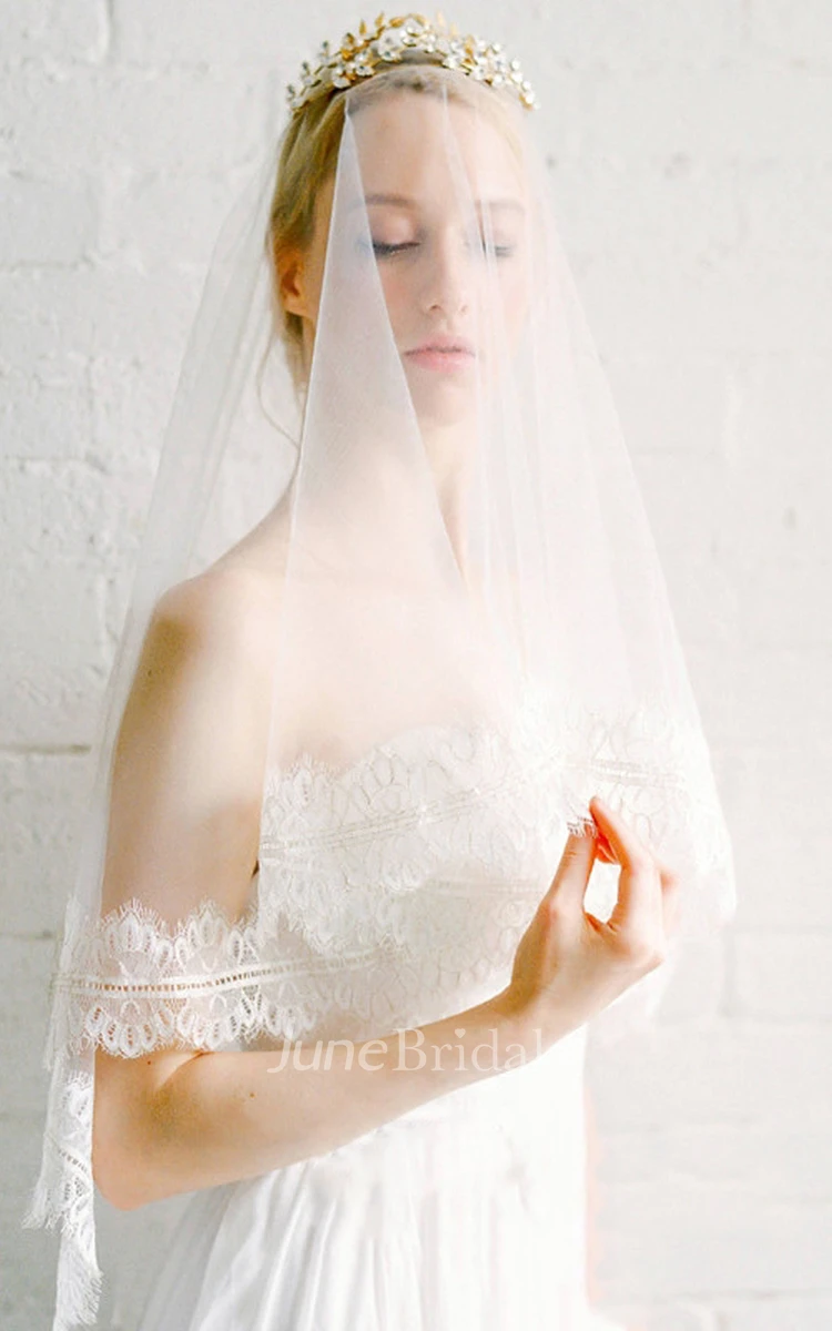 Fingertip Tulle Wedding Veil with Lace Trim